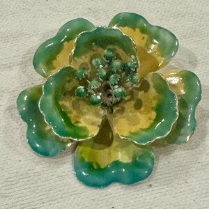 Vintage Enamel Flower Brooch: 60s Mod Green Blue Pin,
